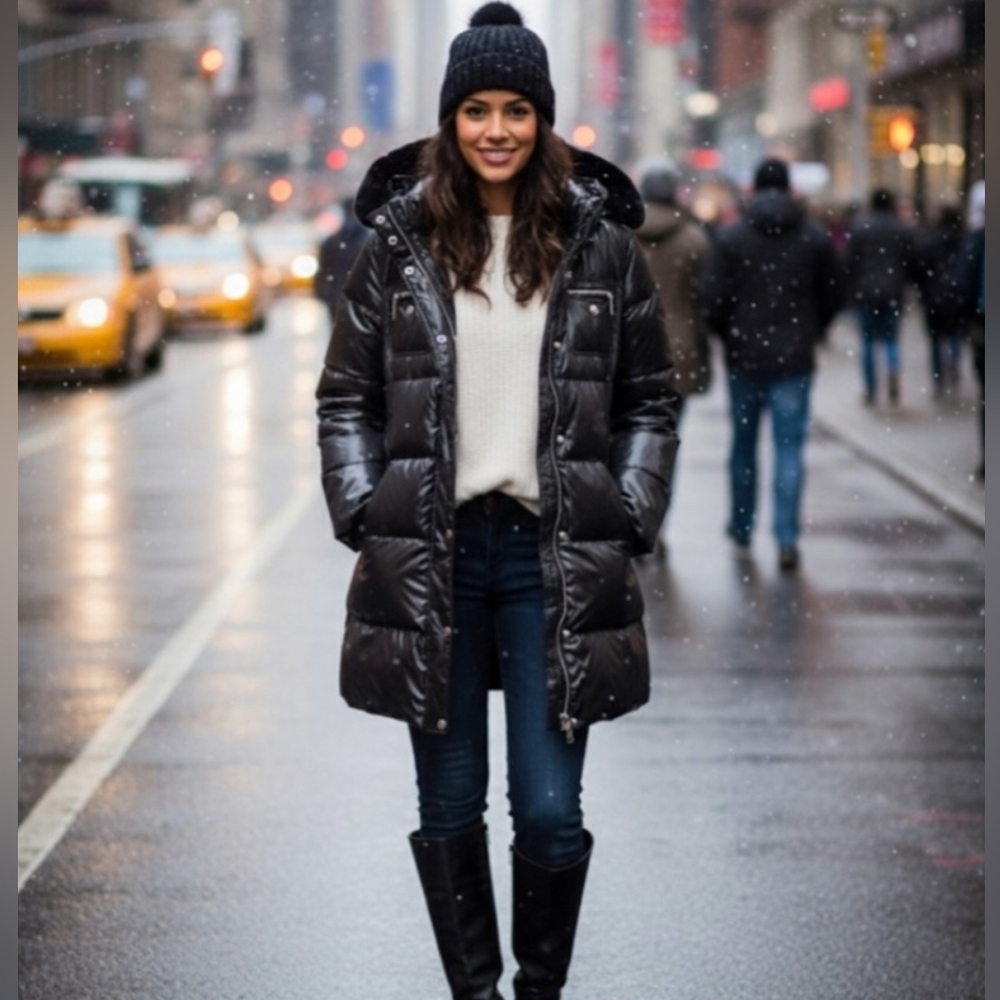 Michael Kors Black Hooded Puffer Coat Jacket Parka Faux Shiny Patent Leather L